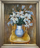 Fine Vintage Mid C20th Floral Oil on Canvas - Lilies in a Blue & White Jug