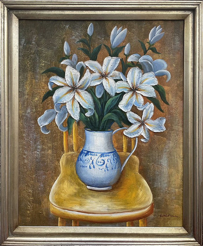 Fine Vintage Mid C20th Floral Oil on Canvas - Lilies in a Blue & White Jug