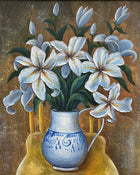 Fine Vintage Mid C20th Floral Oil on Canvas - Lilies in a Blue & White Jug