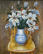 Fine Vintage Mid C20th Floral Oil on Canvas - Lilies in a Blue & White Jug