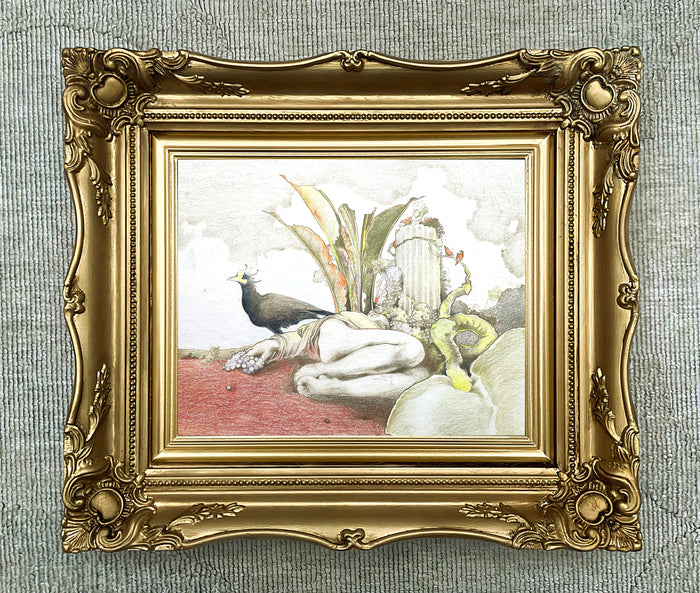 Exquisite Early C20th Surrealist Watercolour - Sleeping Lady & Peacock SOLD