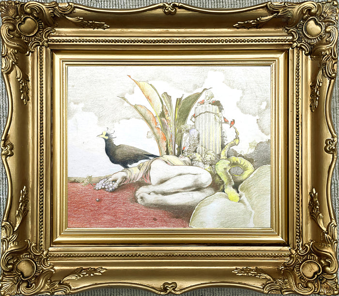 Exquisite Early C20th Surrealist Watercolour - Sleeping Lady & Peacock SOLD