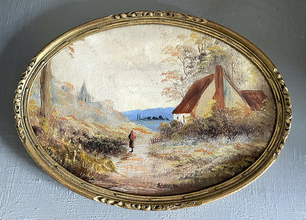 Fine C19th Victorian Oval Oil on Board - Figure by a Rural Cottage - A Stanley 1888 SOLD