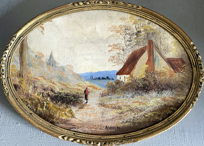 Fine C19th Victorian Oval Oil on Board - Figure by a Rural Cottage - A Stanley 1888 SOLD