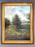 Beautiful Vintage C20th Oil on Board - Donkeys, Geese, & a Child by a Country Cottage - John Mace 1988 SOLD