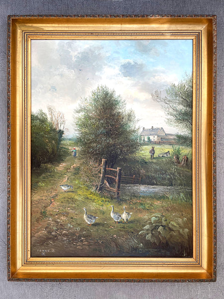 Beautiful Vintage C20th Oil on Board - Donkeys, Geese, & a Child by a Country Cottage - John Mace 1988