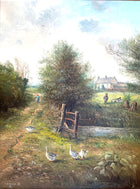 Beautiful Vintage C20th Oil on Board - Donkeys, Geese, & a Child by a Country Cottage - John Mace 1988 SOLD
