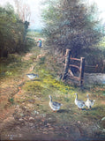 Beautiful Vintage C20th Oil on Board - Donkeys, Geese, & a Child by a Country Cottage - John Mace 1988 SOLD