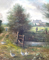 Beautiful Vintage C20th Oil on Board - Donkeys, Geese, & a Child by a Country Cottage - John Mace 1988 SOLD