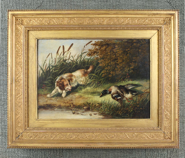 Superb Mid C19th Victorian Oil on Canvas - Spaniel Fetching a Mallard - attrib George Armfield (1808-1893)