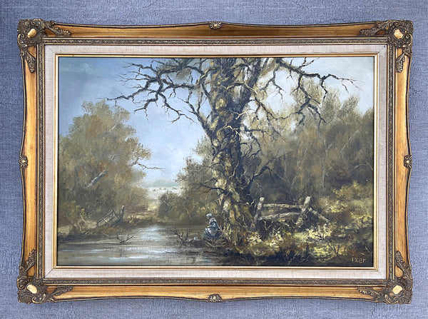 Fine Vintage Mid C20th Oil on Canvas - Girl by a Woodland Pond - Robert Ixer