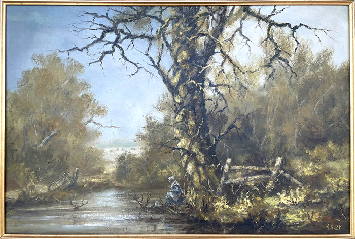 Fine Vintage Mid C20th Oil on Canvas - Girl by a Woodland Pond - Robert Ixer SOLD