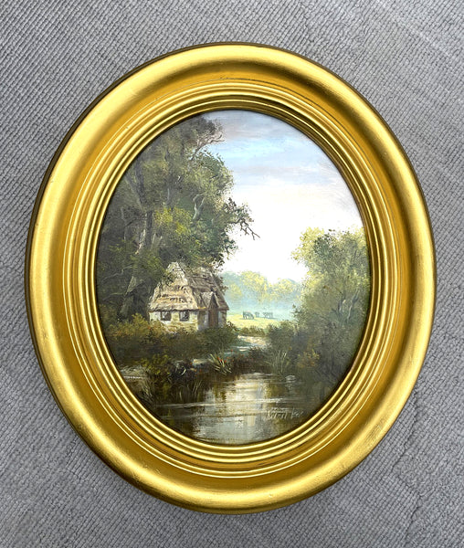 Exquisite C20th Vintage Oil on Canvas Board (Oval) - Rural Cottage by a Pond - Robert Ixer