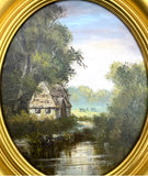 Exquisite C20th Vintage Oil on Canvas Board (Oval) - Rural Cottage by a Pond - Robert Ixer SOLD