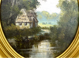 Exquisite C20th Vintage Oil on Canvas Board (Oval) - Rural Cottage by a Pond - Robert Ixer SOLD