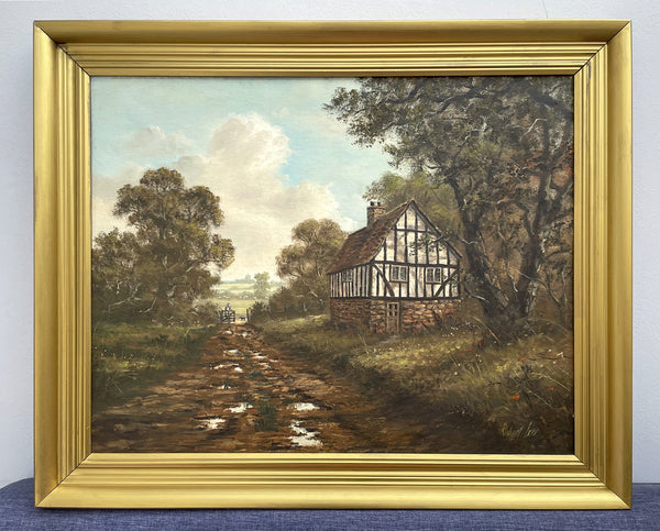 Superb C20th Vintage Oil on Canvas Board - Rural Cottage with a Farmer & his Dog - Robert Ixer