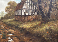 Superb C20th Vintage Oil on Canvas Board - Rural Cottage with a Farmer & his Dog - Robert Ixer