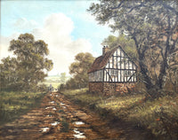 Superb C20th Vintage Oil on Canvas Board - Rural Cottage with a Farmer & his Dog - Robert Ixer