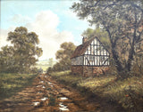 Superb C20th Vintage Oil on Canvas Board - Rural Cottage with a Farmer & his Dog - Robert Ixer