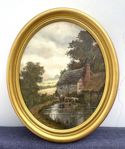 Exquisite C20th Vintage Oil on Canvas Board (Oval) - Wagon & Horses watering by a Rural Cottage - Robert Ixer
