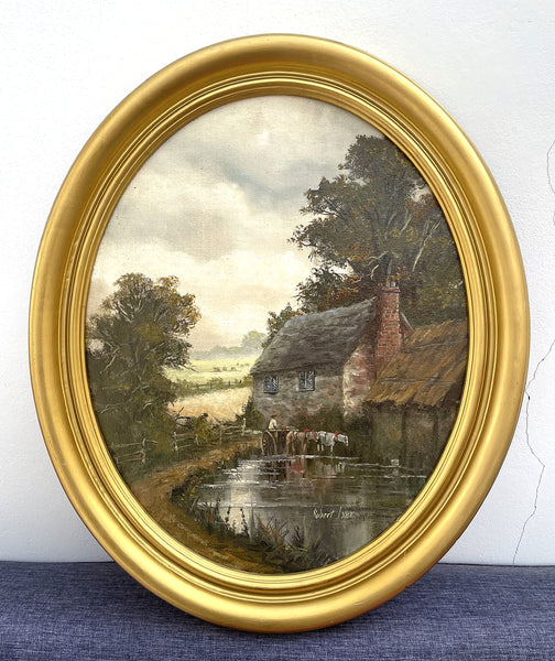 Exquisite C20th Vintage Oil on Canvas Board (Oval) - Wagon & Horses watering by a Rural Cottage - Robert Ixer SOLD