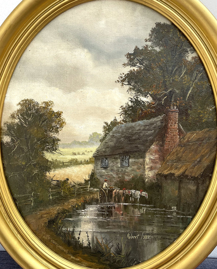 Exquisite C20th Vintage Oil on Canvas Board (Oval) - Wagon & Horses watering by a Rural Cottage - Robert Ixer SOLD