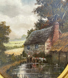 Exquisite C20th Vintage Oil on Canvas Board (Oval) - Wagon & Horses watering by a Rural Cottage - Robert Ixer SOLD