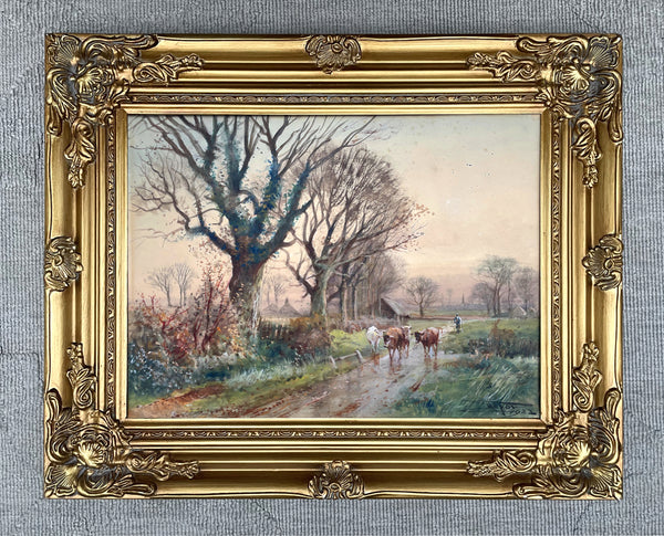 Exquisite Early C20th Watercolour - Cattle being Driven Home - Ringmere Sussex - H C Fox