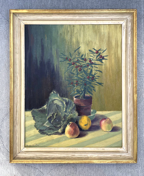 Beautiful Vintage Mid C20th Still Life Oil on Board - Flowers & Fruit on a Table - Marjorie Cox (1915-2003)