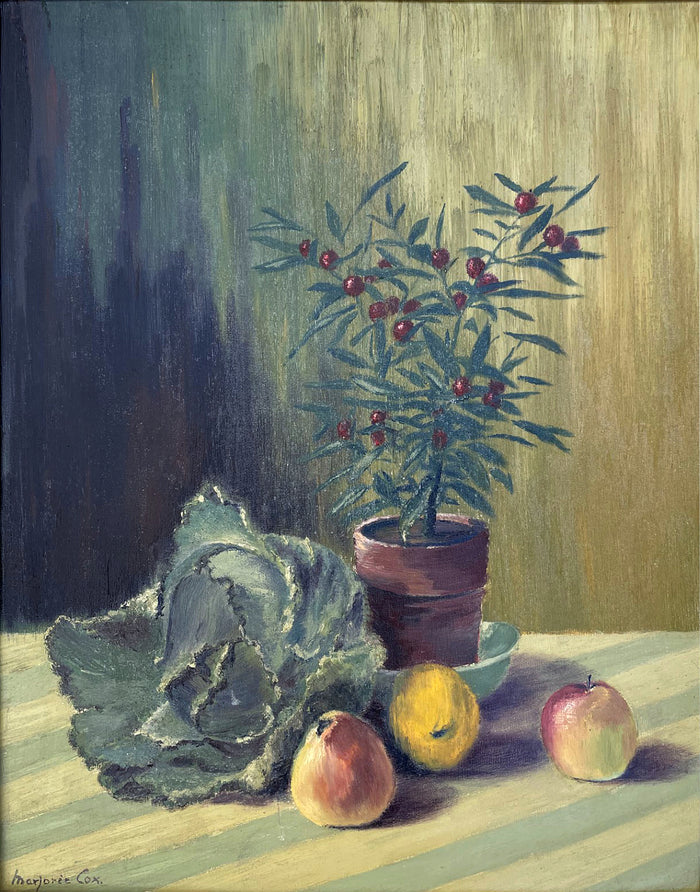 Beautiful Vintage Mid C20th Still Life Oil on Board - Flowers & Fruit on a Table - Marjorie Cox (1915-2003) SOLD