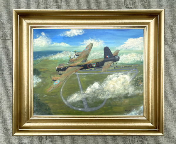 Fine Vintage Oil on Board Portrait of a Wellington Bomber in Flight