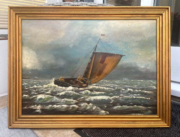 Superb Large Vintage Mid C20th Maritime Oil on Board - Shipping in a Squall SOLD