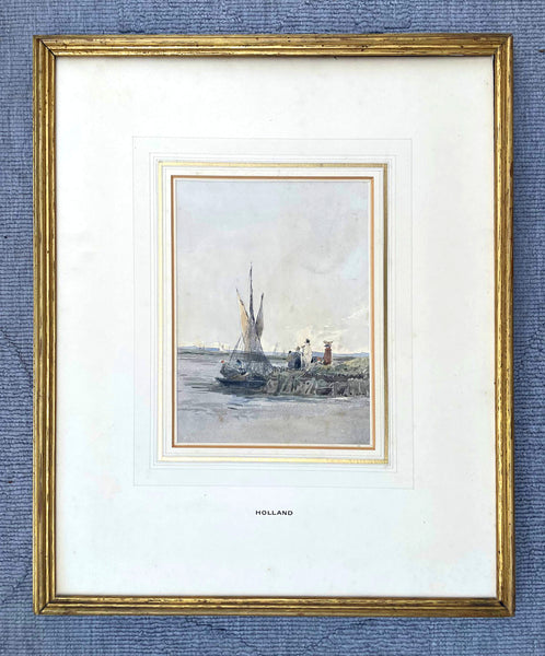 Early C19th Victorian Watercolour - Figures by a Fishing Vessel - James Holland (1799-1870)