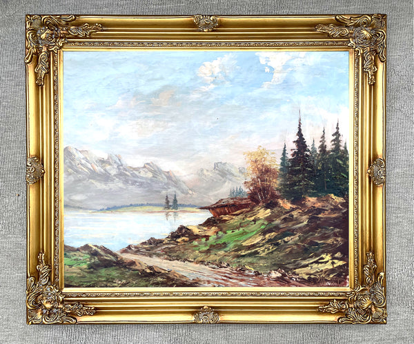 Exquisite Mid C20th Vintage European School Oil on Board -Alpine Lakeland Landscape