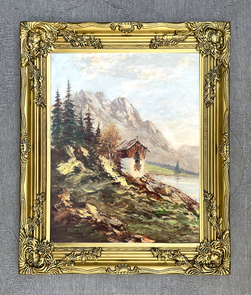 Beautiful Mid C20th Vintage European School Oil on Canvas Board - Alpine Cabin