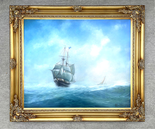 Superb Large Vintage Maritime Oil on Canvas - A Clipper in Full Sail