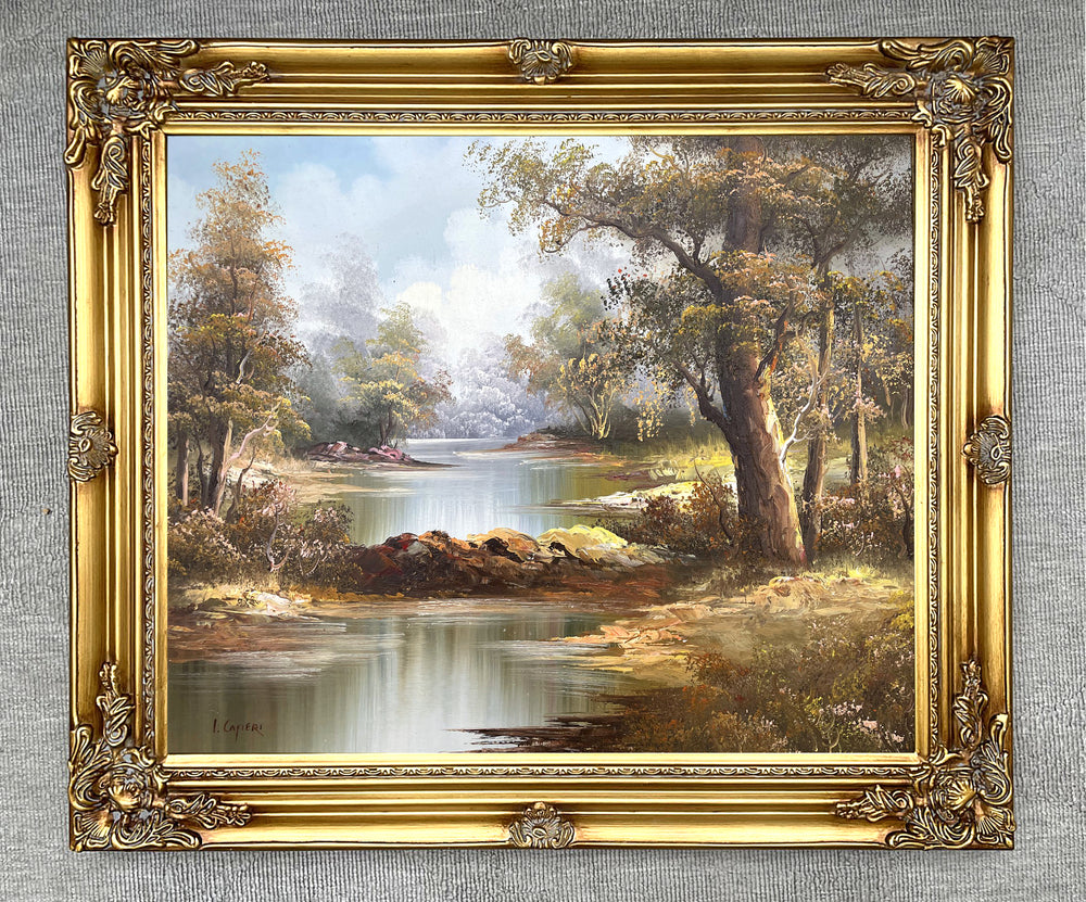 Delightful Large Vintage Oil on Canvas - Tranquil Riverside Landscape by Irene Cafieri