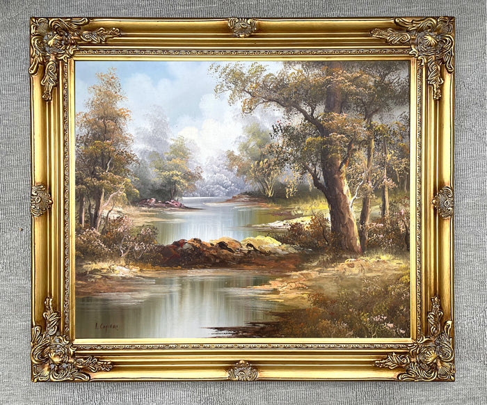 Delightful Large Vintage Oil on Canvas - Tranquil Riverside Landscape by Irene Cafieri
