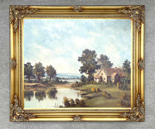 Delightful Mid C20th Vintage Landscape Oil on Canvas - Riverside Cottage by P. Vogel