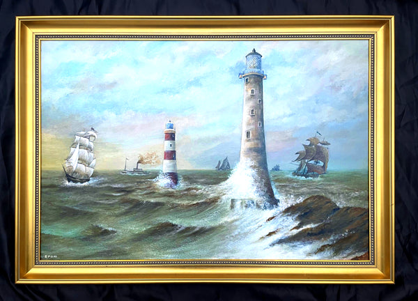 Fine Large Vintage Nautical Oil on Board - Shipping & Lighthouses in Choppy Seas