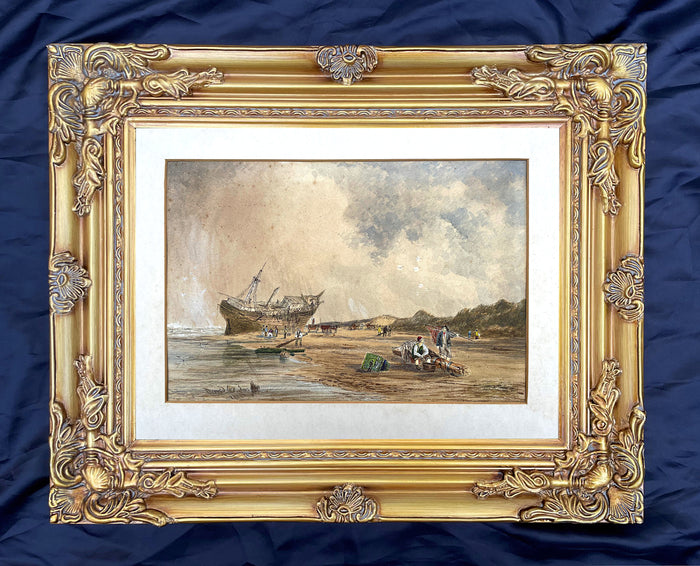 Excellent Early C19th Victorian Watercolour - Folk at a Beached Shipwreck - David Cox Jnr 1844  SOLD