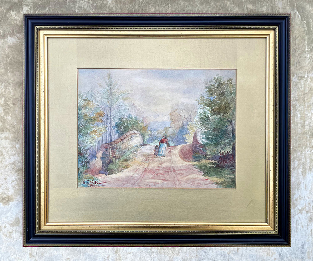 Delightful Early C20th Edwardian Watercolour - Figures on a Bridge - S.T Wardle 1905