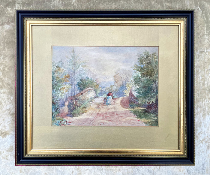 Delightful Early C20th Edwardian Watercolour - Figures on a Bridge - S.T Wardle 1905