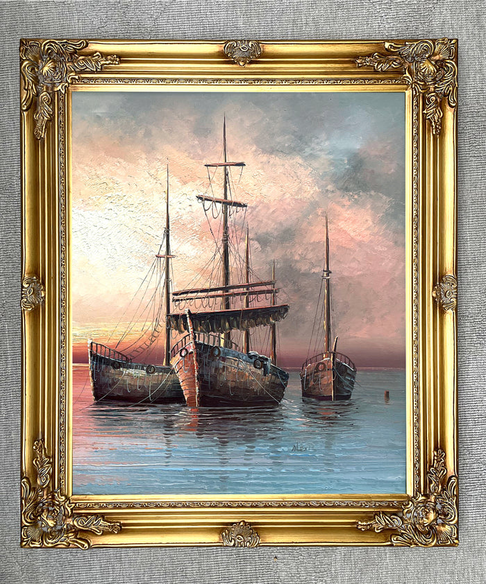 A Superb Large Vintage Mid C20th Impressionist Oil on Canvas - Shipping at Anchor