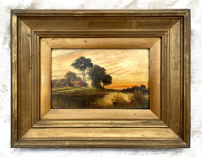 Fine Victorian Oil on Panel - Riverside Cottage at Twilight - William Hall (1812-1880) SOLD