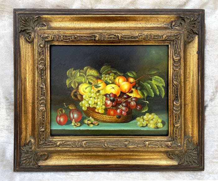 Exquisite Vintage Dutch School Still Life Oil on Panel - Peaches, Plums, & Grapes SOLD