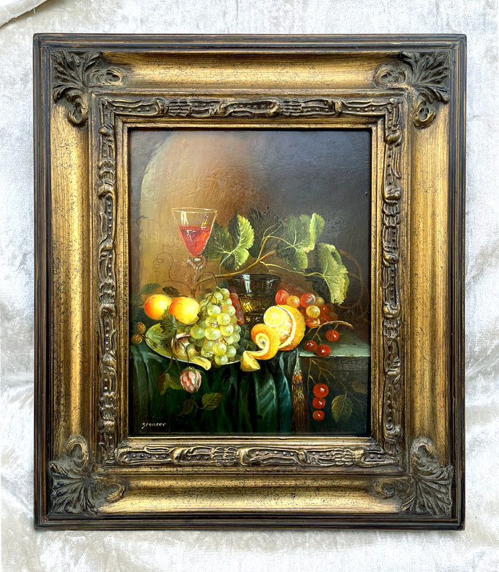 Beautiful Vintage Dutch School Still Life Oil on Panel - Assorted Fruit in a Dish with a Wine Goblet  SOLD