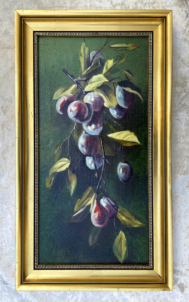 Fine C19th Victorian Still Life Oil on Canvas - Plums on a Branch