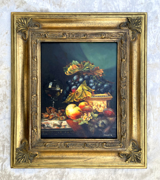 Beautiful Vintage Dutch School Still Life Oil on Panel - Assorted Fruit on a Marble Ledge