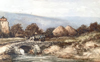 Superb Large C19th Victorian Watercolour - Richard Henry Nibbs (1816-1893) Horse & Cart on a Rural Bridge